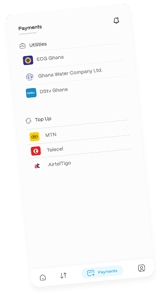 KeedPay payments screen showing utilities and mobile top-up options